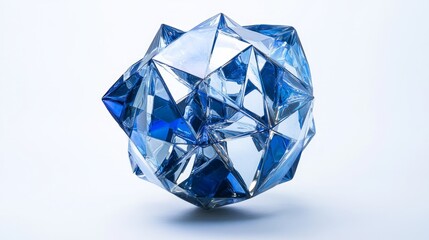 Abstract blue crystal, geometric facets, reflective surface, isolated on white background.