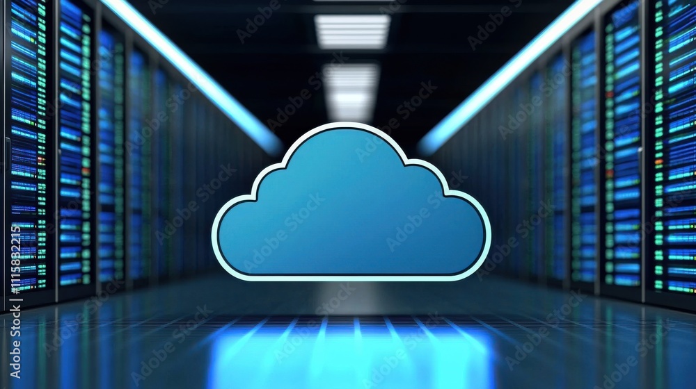 Poster cloud security certification concept. cloud icon in a modern data center environment.