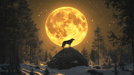 Fototapeta premium Wolf Moon or Supermoon view hanging in the night sky, the moon looks golden and full of crater details, Ai generated images