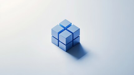Abstract blue cube composed of smaller cubes on a white background.