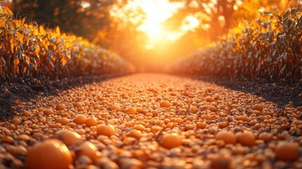 Obraz premium Sunlit path strewn with orange pebbles between autumnal cornfields.