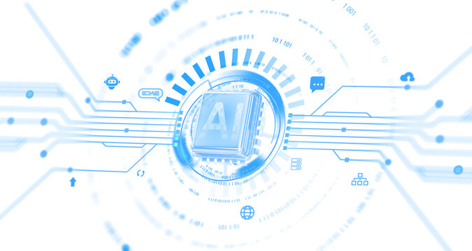 AI chip surrounded by technology icons and digital blue circuits, futuristic design, white background, concept of artificial intelligence and innovation. 3D Rendering.