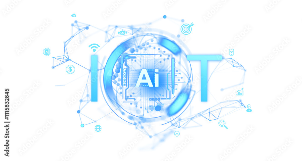 Poster iot and ai concept depicted with a futuristic digital design, glowing blue elements, and interconnec