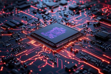 A computer chip with a purple logo on it