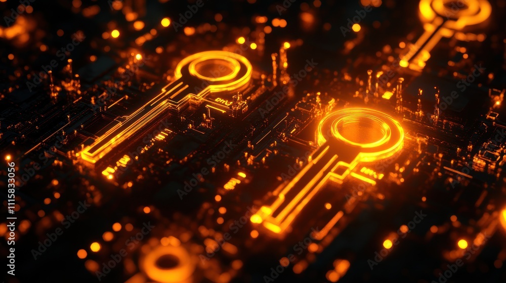 Poster a digital representation of glowing keys on a circuit board, symbolizing cybersecurity and access.