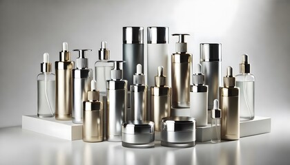 A row of high-end skincare bottles featuring silver and gold accents