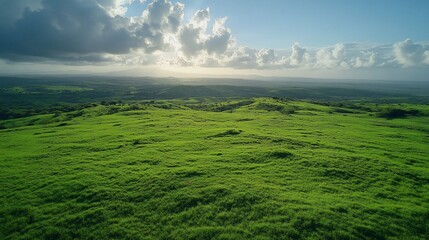 Fototapeta premium Panoramic aerial view of a vast, lush green grassland landscape stretching across a hilly terrain, bathed in sunlight filtering through scattered clouds.