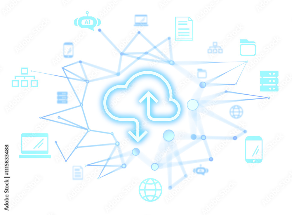 Aufkleber cloud computing icon with arrows, surrounded by digital technology symbols and network connections, 