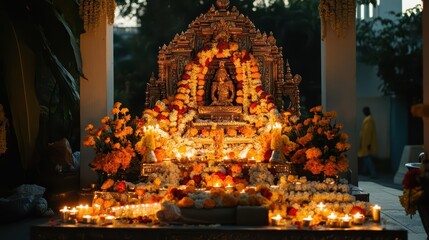 A beautifully decorated altar with flowers and candles for worship.