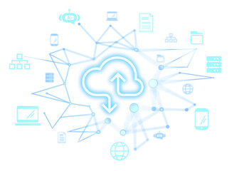 Fototapeta premium Cloud computing icon with arrows, surrounded by digital technology symbols and network connections, glowing blue elements, white background, concept of data sharing. 3D Rendering.