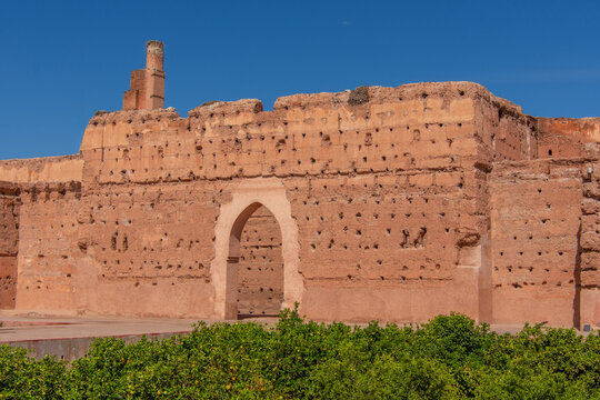 Architecture of the El Badii Palace, a vestige of the history of Marrakech in Morocco