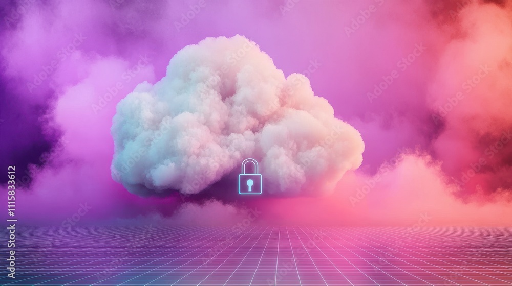 Poster cloud security certification concept. cloud with a lock symbol amidst colorful fog and grid backgrou