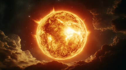Obraz premium Earth at perihelion with the Sun appearing very large and bright, yellow and red light filling the top of the composition, Ai generated images