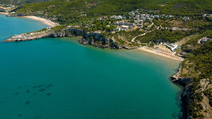 Aerial view of Zaiana beach and Manaccora beach located near Peschici, in the Gargano area, in...