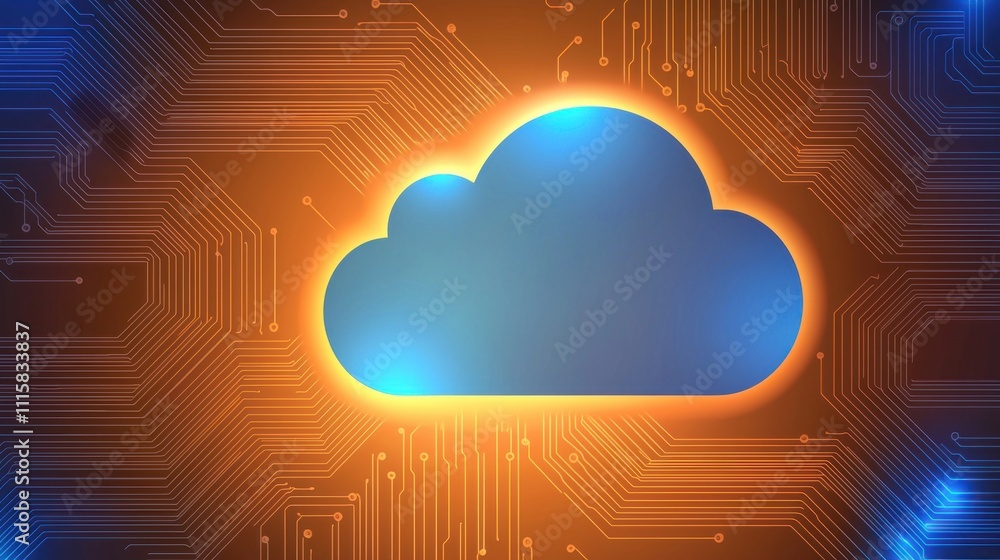 Poster cloud security certification concept. digital cloud icon glowing against a circuit background.