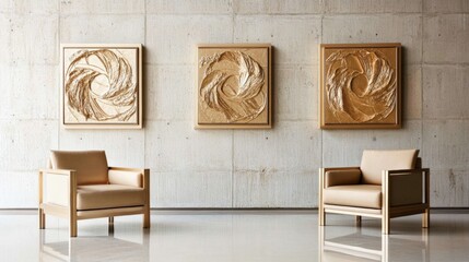 Naklejka premium Minimalist home interior design of modern spacious hall with beige chairs. Abstract artwork decorates the concrete wall. 