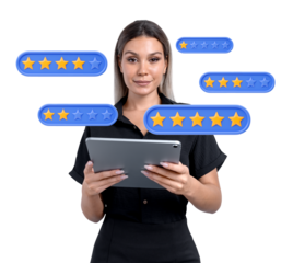 Woman holding a tablet with floating star ratings around her, isolated on a white background. Concept of online reviews, feedback, and customer evaluation