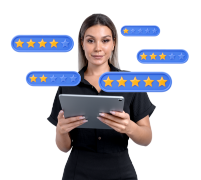 Woman holding a tablet with floating star ratings around her, isolated on a white background. Concept of online reviews, feedback, and customer evaluation