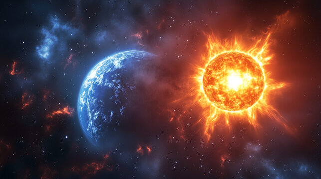 View of Earth at perihelion point, Earth's surface looks bright blue with thick white clouds, Sun looks big on the right side, surrounded by red and orange energy rays, Ai generated images