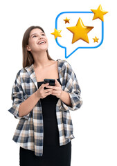Smiling woman holding smartphone, looking at golden stars in a speech bubble on white background....