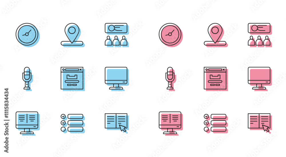 Aufkleber set line online book on monitor, task list, clock, browser window, computer screen, microphone and l