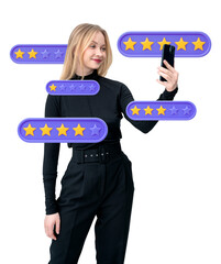 Woman smiling, holding a smartphone with floating colorful star rating icons around her on a white...