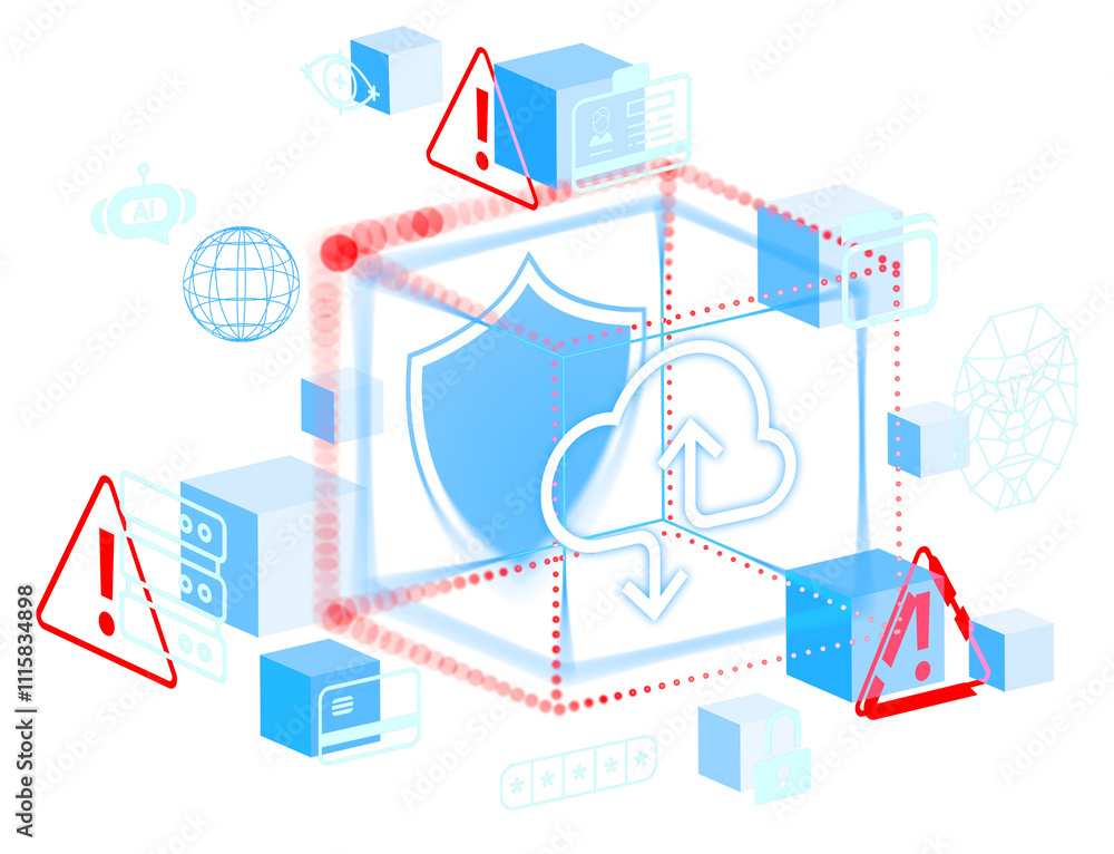 Poster cloud security theme with a shield, cloud, red warning icons, and digital elements in a 3d rendering
