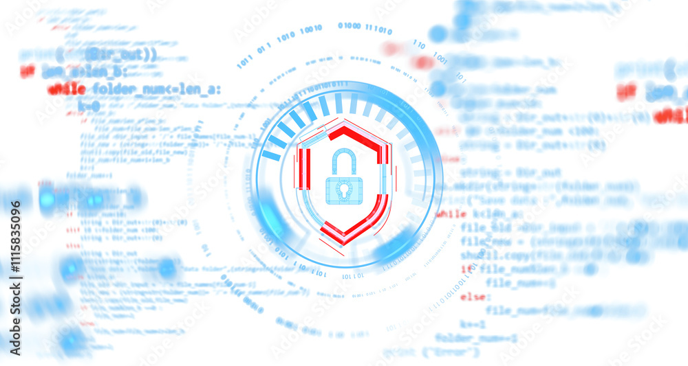 Poster red and blue lock with shield overlay, surrounded by abstract code and data elements in a circular f