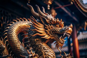 Obraz premium The statue of the golden dragon. The symbol of the Chinese New Year celebration. A close-up photo of a Chinese dragon.