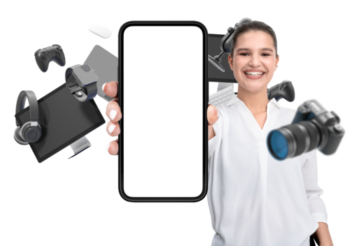 Smiling woman holding smartphone showing blank screen, surrounded by various gadgets like a camera, headphones, and monitor on white background