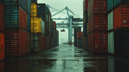 Fototapeta premium A shipping yard with stacked containers under a cloudy sky.