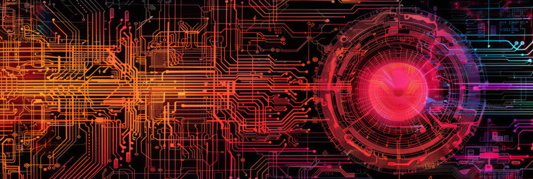 abstract tech background with neon-lit circuit boards, wires, and microchips, set against a dark, gradient blue background.