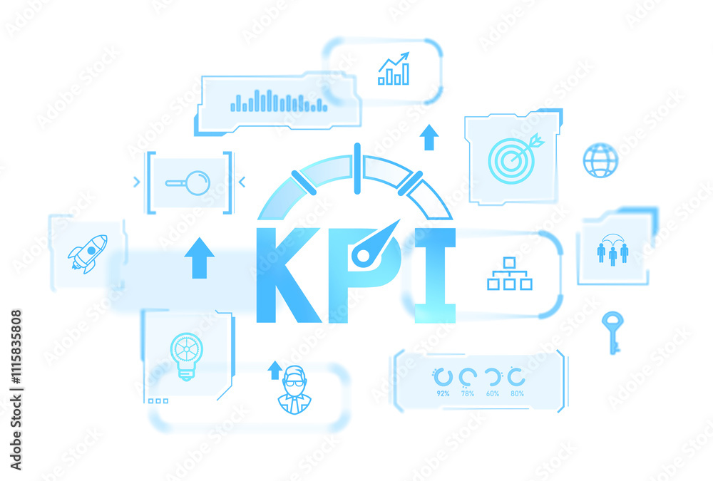 Poster kpi illustration featuring icons like graphs, targets, and a gauge, in blue style on a white backgro