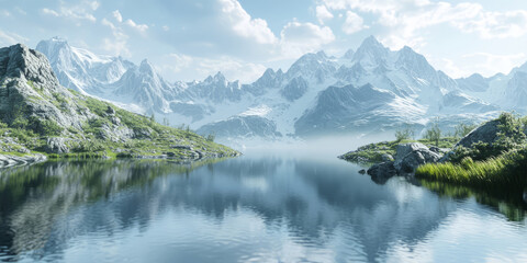 Fototapeta premium The tranquil mountain range and calm lake create a harmonious natural landscape.