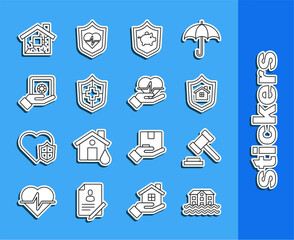 Fototapeta premium Set line House flood, Judge gavel, with shield, Piggy bank, Life insurance, Safe hand, and icon. Vector