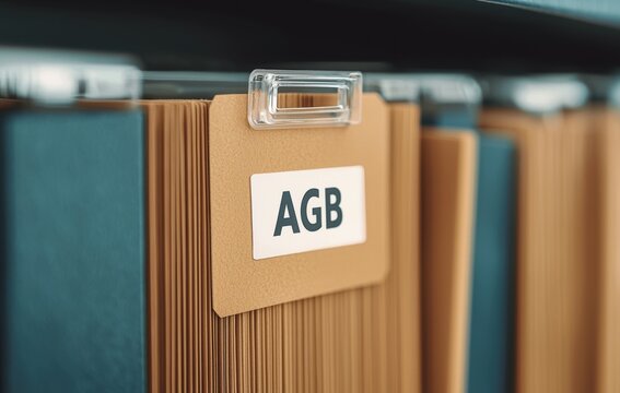 File Organization in Office Environment Featuring AGB Label on Manila Folder with Focus on Document Management and Workspace Efficiency