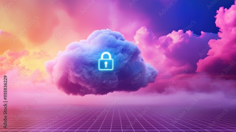Poster cloud security certification concept. cloud with a lock symbol against a colorful sky background.