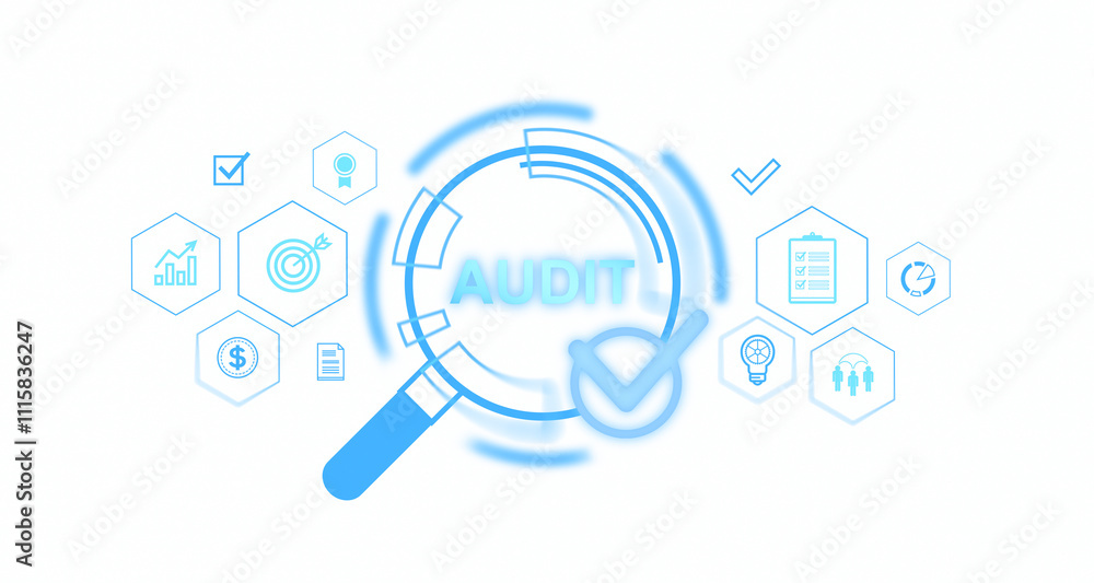 Poster blue magnifying glass with audit text, surrounded by hexagonal icons representing business concepts 
