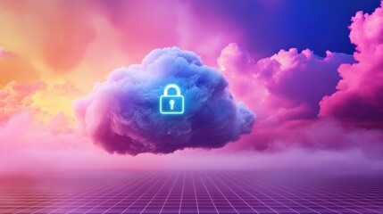 Cloud Security Certification Concept. Cloud with a lock symbol against a colorful sky background.