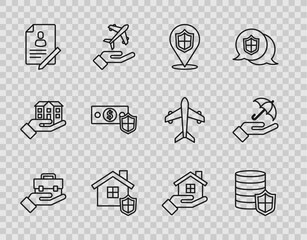 Set line Hand holding briefcase, Money with shield, Location, House, Document, hand and Umbrella icon. Vector