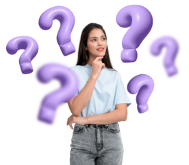 Woman in casual clothing with hand on chin, surrounded by purple question marks, isolated on white background. Concept of thinking and curiosity