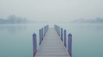Fototapeta premium Serene Solitude: A Misty Pier Overlooking a Tranquil Lake