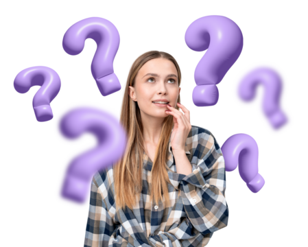 A woman in a plaid shirt looking thoughtful surrounded by purple question marks on a white background. Concept of curiosity and decision-making