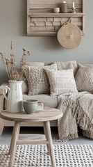 Cozy living room with neutral tones, decorative pillows, and a wooden table.