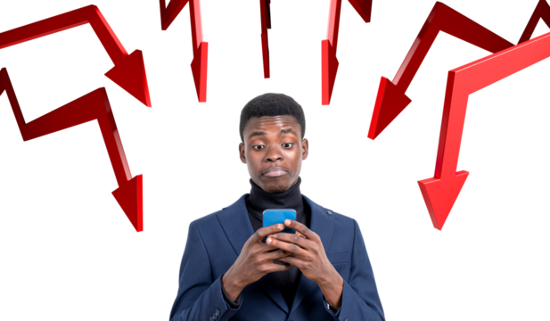 Businessman holding smartphone, wearing a suit, surrounded by red downward arrows on a white background. Concept of financial loss or decline - Powered by Adobe