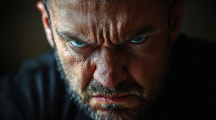 Fototapeta premium A man with a fierce expression stares intensely into the distance, his furrowed brow and piercing blue eyes communicating strength and resolve in a shadowy environment