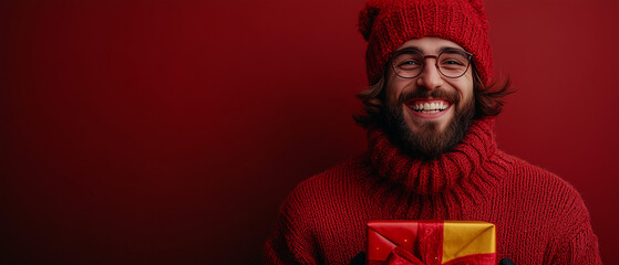 Banner with man holding christmas gifts with christmas colors laughing in right end part of the image with copy space on the left