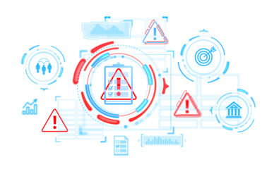 Abstract digital warning signs and symbols, with red and blue highlights, displayed on a clean white background. Concept of alerts and risks. 3D Rendering.