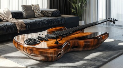 Obraz premium Unique guitar-shaped coffee table in modern living room. (1)