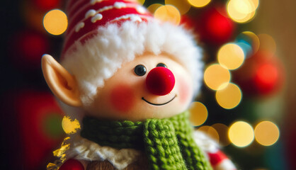 Obraz premium Cheerful elf figurine with a red nose, festive scarf, and bokeh Christmas lights in the background, symbolizing holiday joy